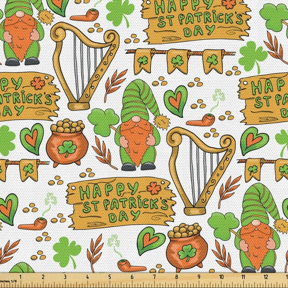Ambesonne St. Patricks Day Fabric by the Yard Upholstery, Art Heart Clover, 1 Yard, Lime Green Earth Yellow