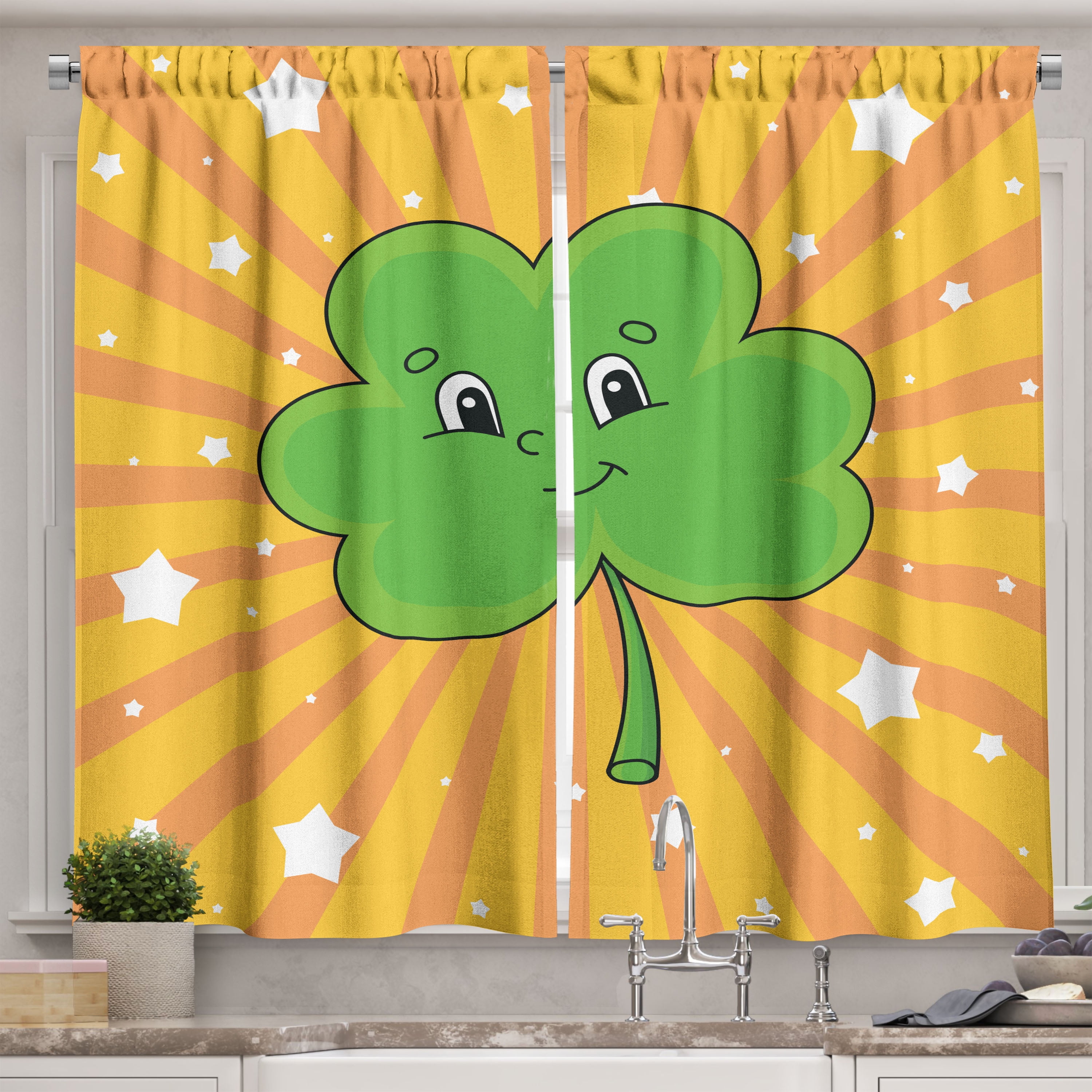Ambesonne St. Patricks Day Kitchen Curtains, Happy Clover Plot, 55"x30