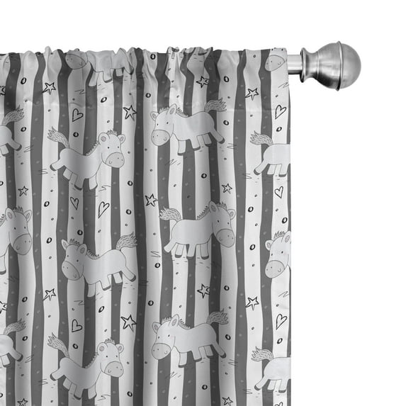 Ambesonne Star Window Curtains, Funny Pony Stripes Doodle, Each 28" W x 63" L, White Black Grey