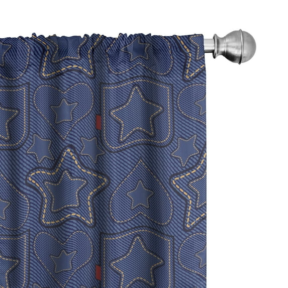 Ambesonne Star Window Curtains, Heart Shapes on Denim, Each 28" W x 63" L, Navy Blue Marigold Red