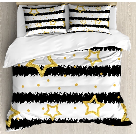 Ambesonne Star Duvet Cover Set, Dots Stripes Celebration, King, Black White Yellow