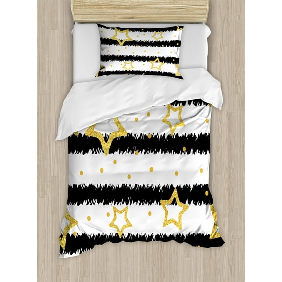Ambesonne Star Duvet Cover Set, Dots Stripes Celebration, Twin, Black White Yellow