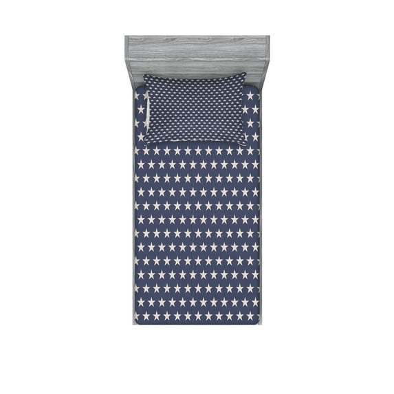 Ambesonne Star Fitted Sheet & Pillow Sham Set, Patriotic Freedom, Twinxl, Violet Blue and Tan