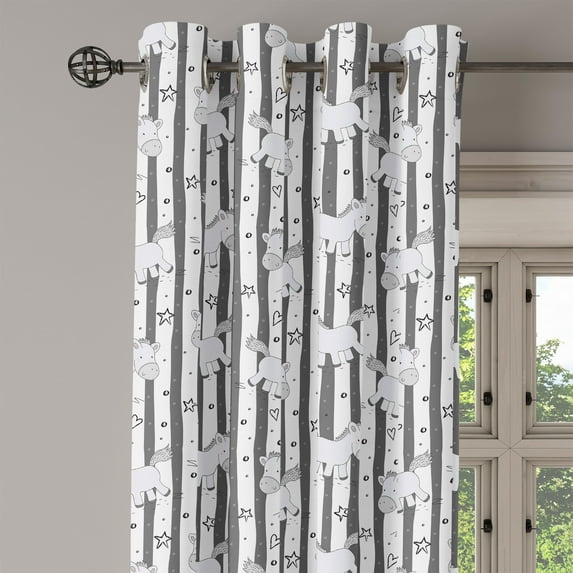 Ambesonne Star Grommet Curtain Single Panel, Funny Pony Stripes Doodle, 50"x60", White Black Grey
