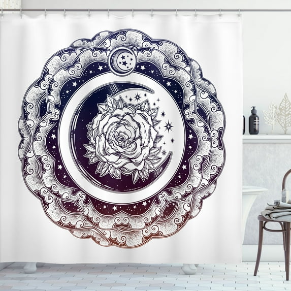 Ambesonne Star Mandala Shower Curtain, Eastern Crescent Moon, 69"Wx84"L, Indigo White