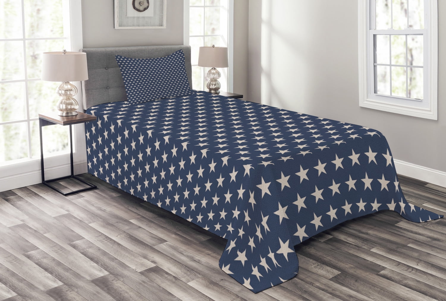 Twin Blue Star Pattern Polyester Bedspread Set