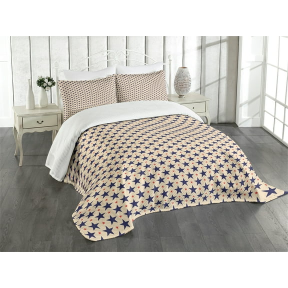 Ambesonne Star Quilted Bedspread Set 3 Pcs, Grunge Themed Pattern, King Size, Navy Blue Beige Red