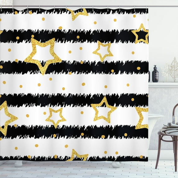 Ambesonne Star Shower Curtain, Dots Stripes Celebration, 69"Wx75"L, Black White Yellow