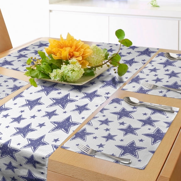 Ambesonne Star Table Runner & Placemats, Hand Drawn Doodle Motifs, Placemat 4 pcs + Runner 12"x72", Violet Blue White