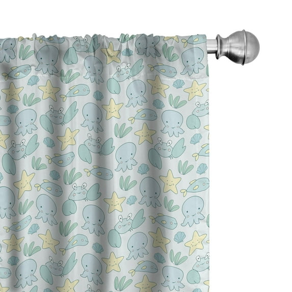Ambesonne Starfish Window Curtains, Octopus Crab and Fish, Each 28" W x 84" L, Pale Green Pale Blue