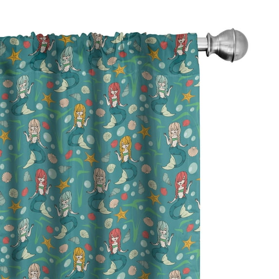 Ambesonne Starfish Curtains, Mermaids Underwater Shells, Pair of 28"x63", Teal Multicolor