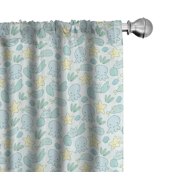 Ambesonne Starfish Curtains, Octopus Crab and Fish, Pair of 28"x63", Pale Green Pale Blue