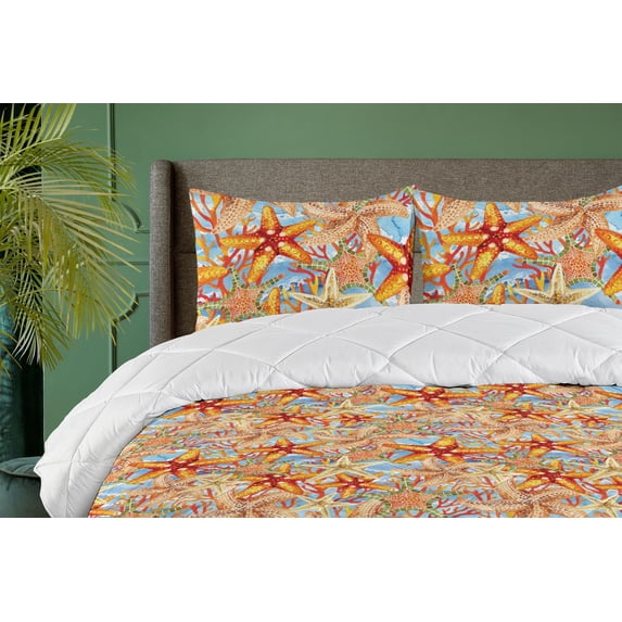 Ambesonne Starfish Down Alternative Quilt Comforter, Print Nautical Sea Animals, Queen, Marigold Pale Peach Coral