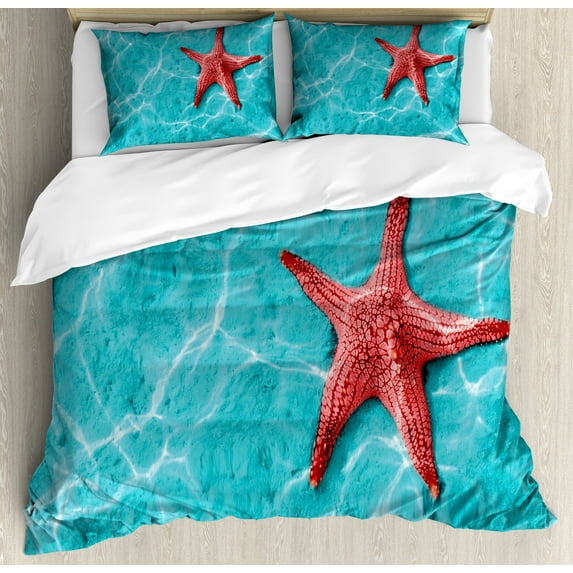 Ambesonne Starfish Duvet Cover Set, Vivid Blue Water, Calking, Aqua Red
