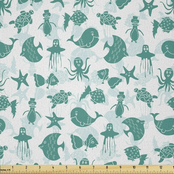 Ambesonne Starfish Fabric by the Yard Microfiber, Funny Sea Animals Pattern, 3 Yards, Teal Soft Blue and White