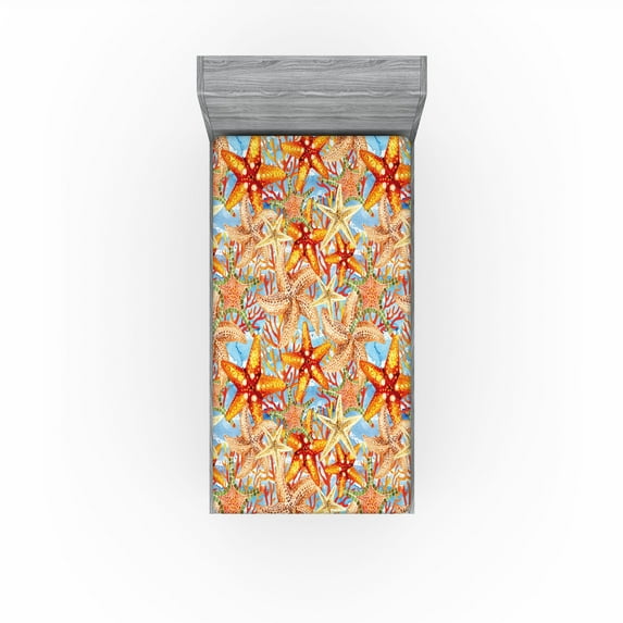 Ambesonne Starfish Fitted Sheet, Print Nautical Sea Animals, Twin Size, Marigold Pale Peach Coral
