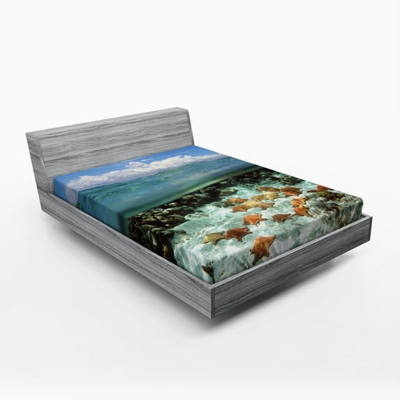 Ambesonne Starfish Fitted Sheet, Sky Clouds Sea, Full Size, Multicolor
