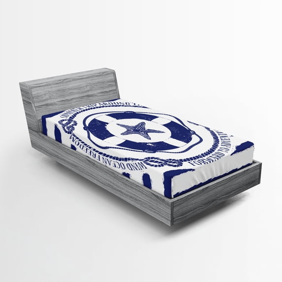 Ambesonne Starfish Fitted Sheet, Trip Starfish Striped, Twin Size, Navy Blue White