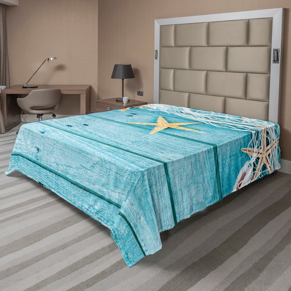 Ambesonne Starfish Flat Sheet, Rustic Fish Net, Full Size, Turquoise White Orange