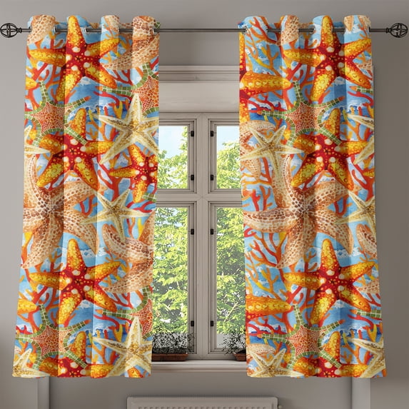 Ambesonne Starfish Grommet Curtain, Print Nautical Sea Animals, 50"x60", Marigold Pale Peach Coral