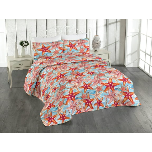 Ambesonne Starfish Pattern Quilted Bedspread Set 3 Pcs, Wavy Back Animals, Twin, Dark Coral Sea Blue Ivory