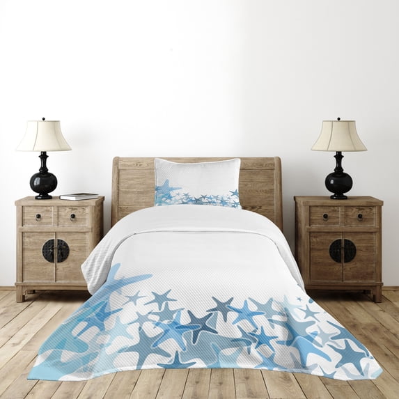 Ambesonne Starfish Quilted Bedspread Set 2 Pcs, Blue Sea Animals, Twin Size, Multicolor