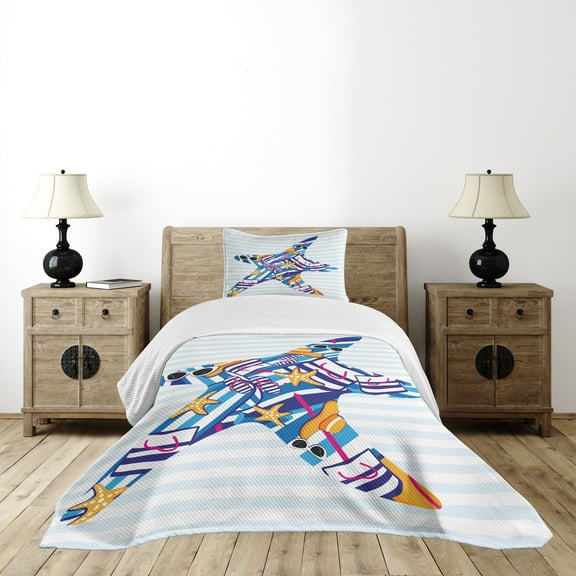 Ambesonne Starfish Quilted Bedspread Set 2 Pcs, Cartoon Sea Star, Twin Size, Multicolor