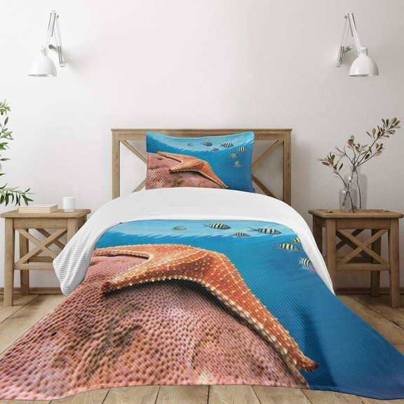 Ambesonne Starfish Quilted Bedspread Set 2 Pcs, Coral Fishes Sea, Twin Size, Multicolor