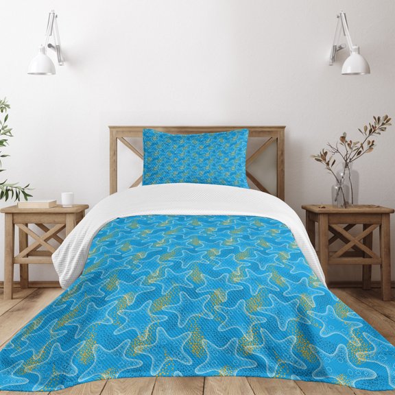 Ambesonne Starfish Quilted Bedspread Set 2 Pcs, Sea Stars Dots, Twin Size, Marigold Blue White