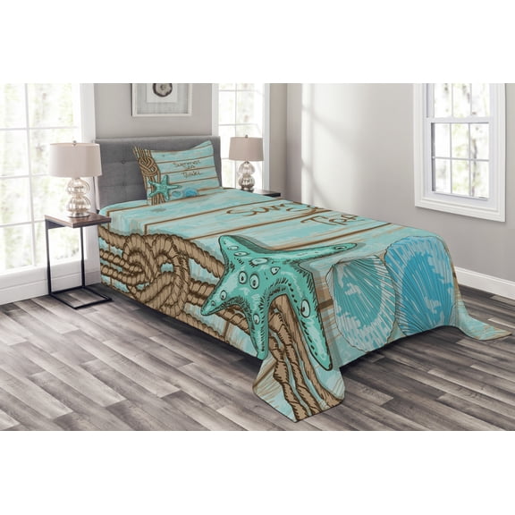 Ambesonne Starfish Quilted Bedspread Set 2 Pcs, Summer Travel, Twin Size, Mint Green Turquoise