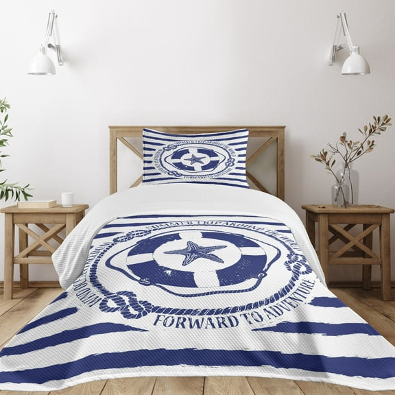 Ambesonne Starfish Quilted Bedspread Set 2 Pcs, Trip Starfish Striped, Twin Size, Navy Blue White
