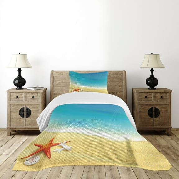 Ambesonne Starfish Quilted Bedspread Set 2 Pcs, Waves on Beach, Twin Size, Multicolor