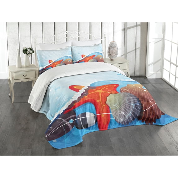 Ambesonne Starfish Quilted Bedspread Set 3 Pcs, Foaming Ocean, Queen Size, Multicolor