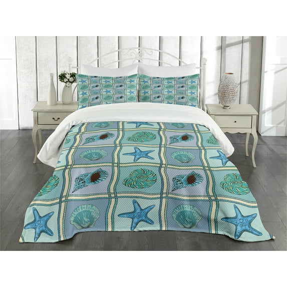 Ambesonne Starfish Quilted Bedspread Set 3 Pcs, Marine Pattern, King Size, Multicolor