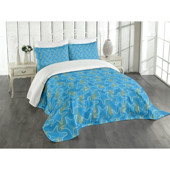 Ambesonne Starfish Quilted Bedspread Set 3 Pcs, Sea Stars Dots, King Size, Marigold Blue White