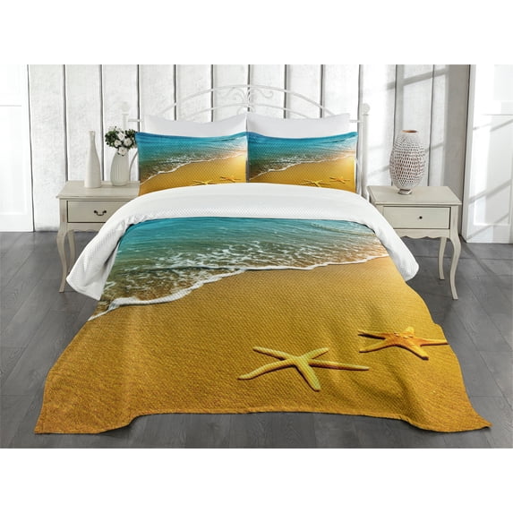 Ambesonne Starfish Quilted Bedspread Set 3 Pcs, Summer Sunset, King Size, Multicolor