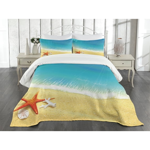 Ambesonne Starfish Quilted Bedspread Set 3 Pcs, Waves on Beach, Queen Size, Multicolor