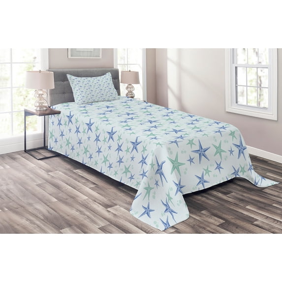 Ambesonne Starfish Quilted Coverlet 2 Pcs, Nautical Theme Starfish, Twin Size, Almond Green Azure Blue