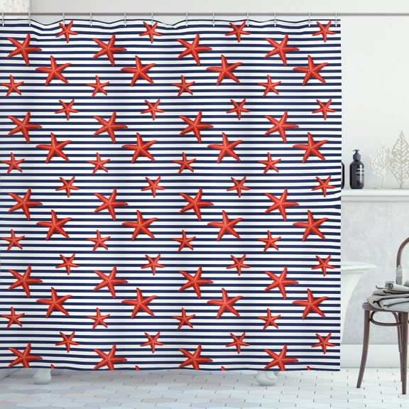 Ambesonne Starfish Shower Curtain, Maritime Themed Pattern, 69"Wx75"L, Navy White Red