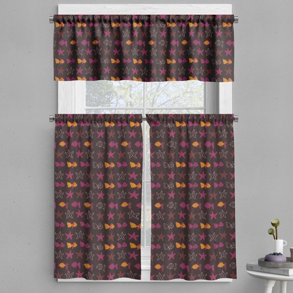 Ambesonne Starfish Valance & Curtain, Happy Sea Animals Pattern, 55"x30", Dark Maroon Pink Orange