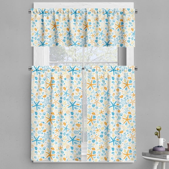Ambesonne Starfish Valance & Curtain, Seashell Silhouettes, 55"x36", Blue Orange Pale Yellow