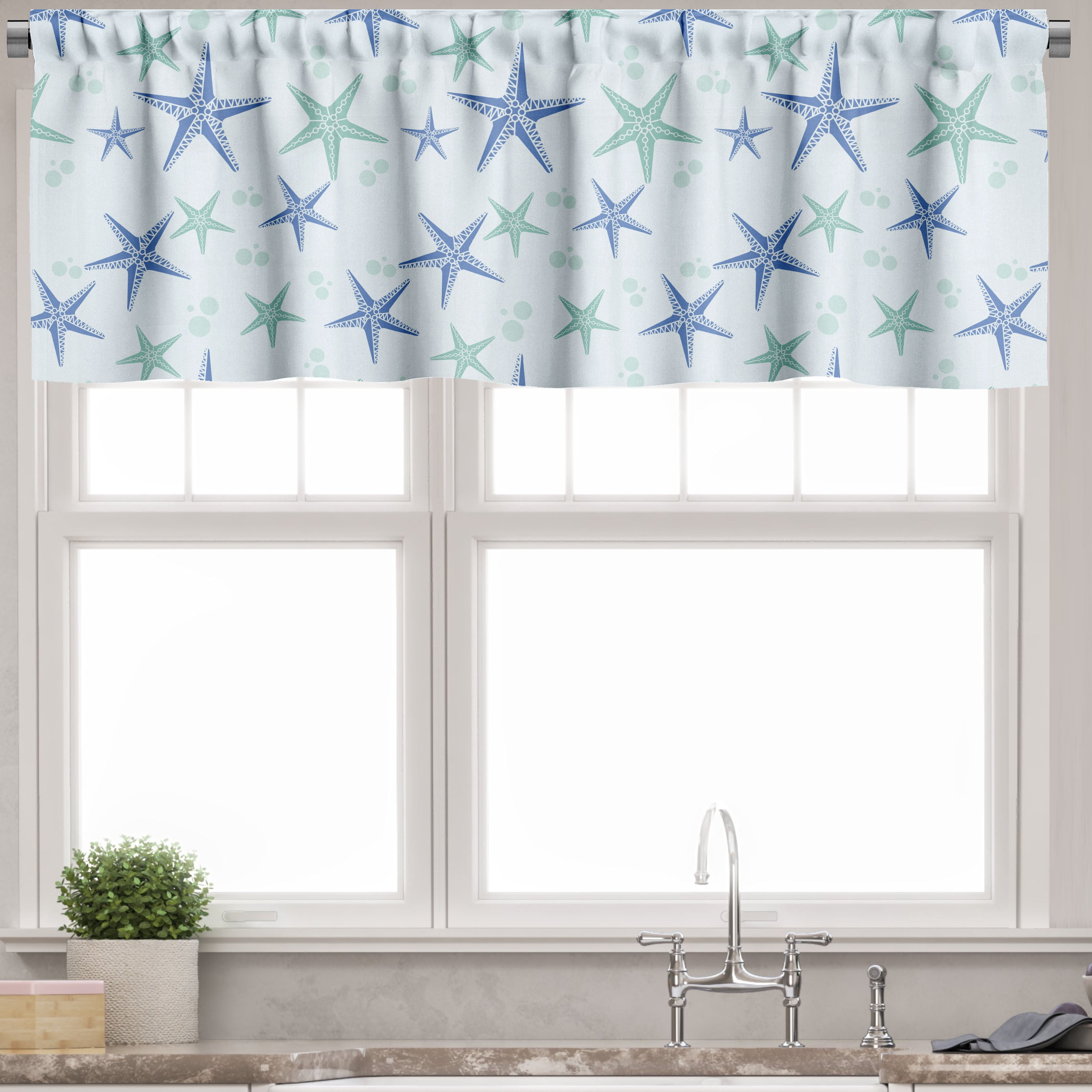 Nautical Starfish Almond Green Azure Blue Rod Pocket Valance