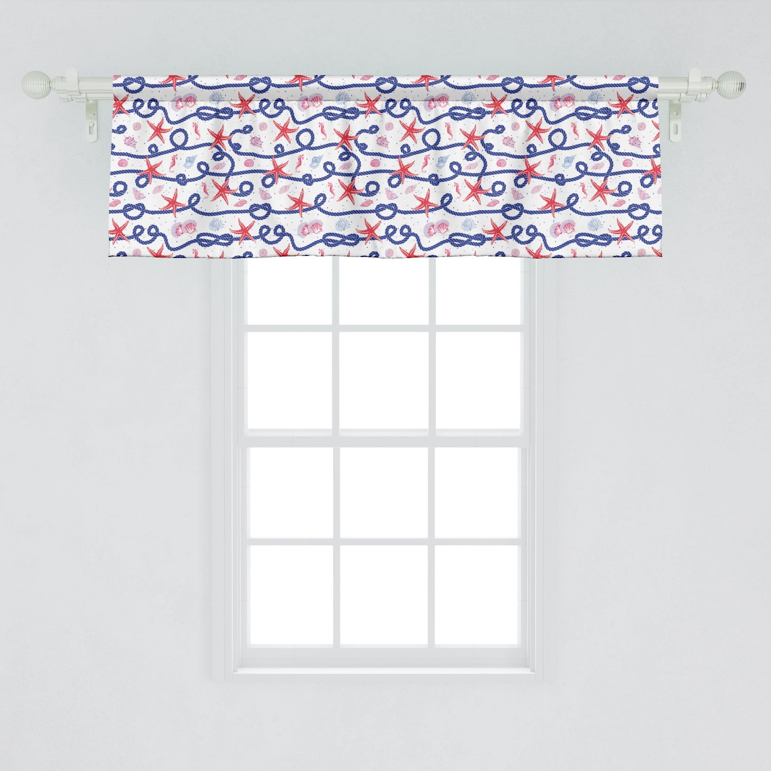 Ambesonne Starfish Window Valance, Nautical Pattern with Navy Marine Rope Red Starfish Shells