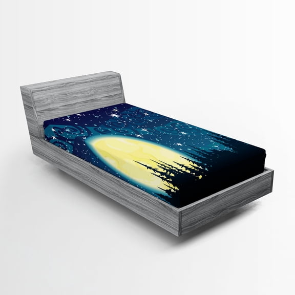 Ambesonne Starry Night Fitted Sheet 2 Pcs Set, Moon over Forest, Twin, Dark Blue Cream Black