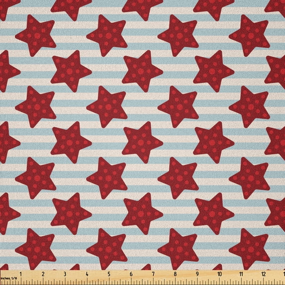 Ambesonne Stars Fabric by the Yard Microfiber, Marine Inspired Stripes, 3 Yards, Pale Blue Ruby and Ivory