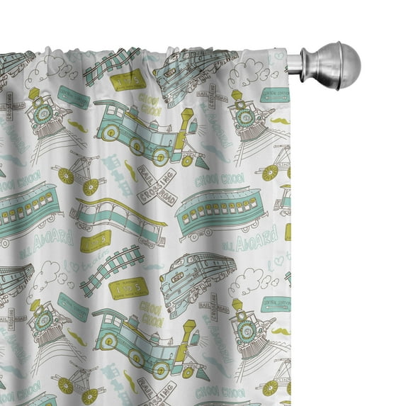 Ambesonne Pastel Window Curtains, Train Pattern Travel Theme, Each 28" W x 84" L, Apple Green and Turquoise