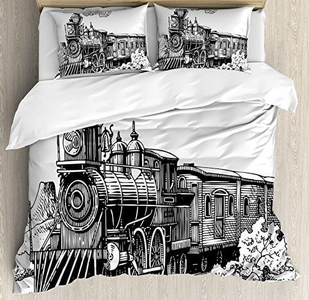 Queen Black and White Steam Engine Duvet Cover Set