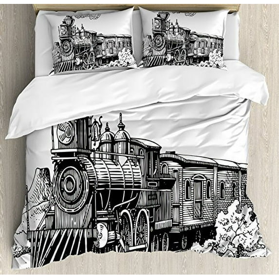 Ambesonne Steam Engine Duvet Cover Set, Rustic Old Train in Country Locomotive Wooden Wagons Rail Road with Smoke, Decorative 3 Piece Bedding Set with 2 Pillow Shams, Queen Size, Black and W