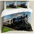 thumbnail image 1 of Ambesonne Steam Engine Duvet Cover Set, Vintage Locomotive in Countryside Scenery Green Grass Puff Train Picture, Decorative 3 Piece Bedding Set with 2 Pillow Shams, Queen Size, Blue Green, 1 of 4