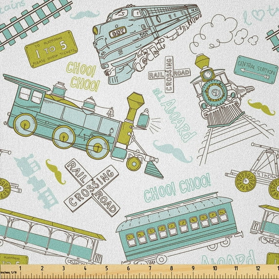 Ambesonne Steam Engine Fabric by the Yard Microfiber, Train Pattern Travel, 5 Yards, Apple Green Turquoise